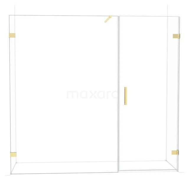 Diamond Shower door | 215 cm Shiny light gold Clear glass Pivot door DDC220814120GLG Glass shower wall with gold-coloured handles and hinges, modern design; ideal for luxury bathroom fittings.