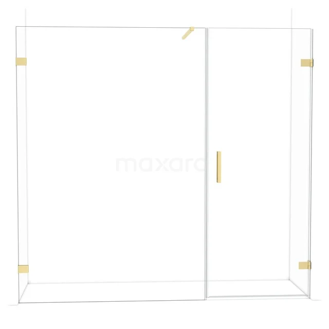 Glazen douchewand met frame en scharnieren in gouden afwerking, luxe ontwerp voor moderne badkamerseries.