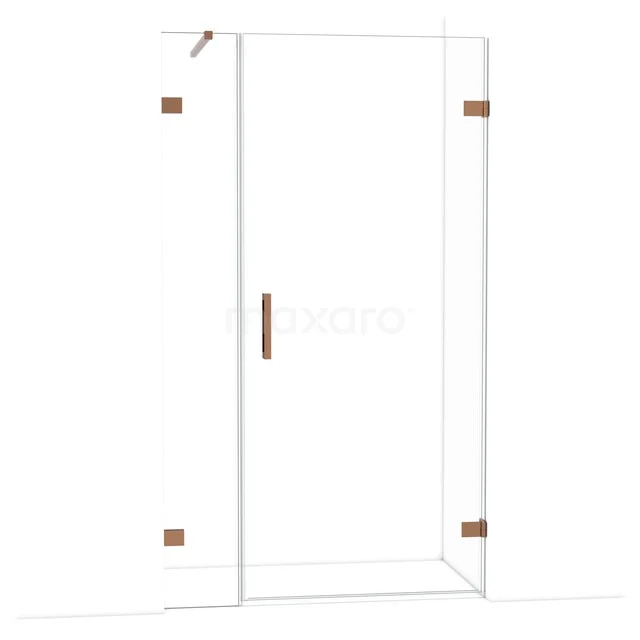 Glasene Duschtür mit kupferfarbenen Scharnieren und Haltegriff, luxuriöses und modernes Design für ein stilvolles Badezimmer.