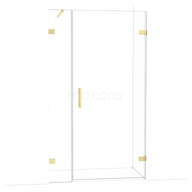 Glas Duschkabine mit goldenen Scharnieren und Haltegriff, modernes Design, ideal für eine stilvolle Badezimmergestaltung.
