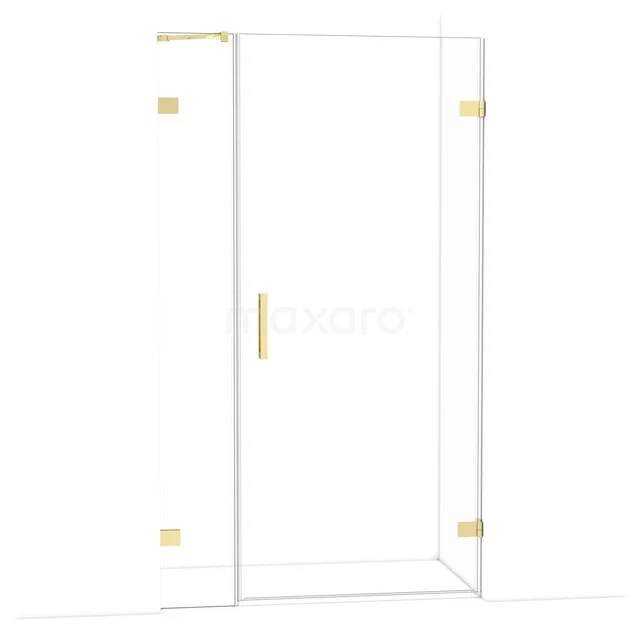 Glazen douchedeur met gouden scharnieren en handgreep, modern design, perfecte toevoeging aan een stijlvolle badkamer.