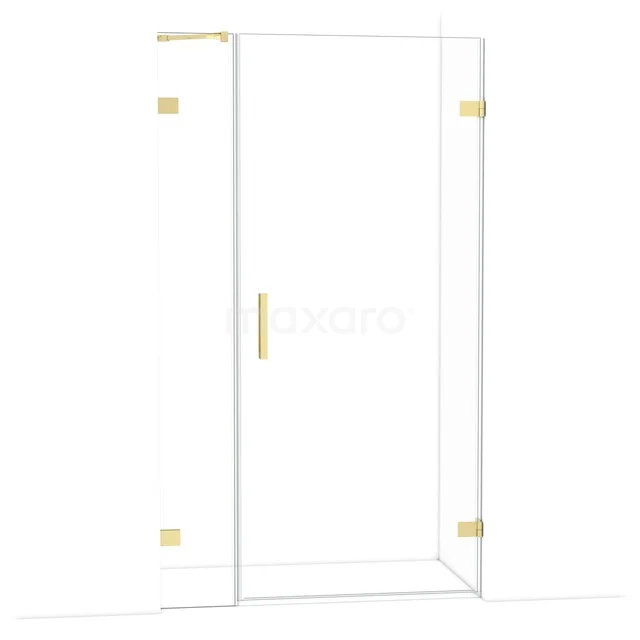Glazen douchedeur met goudkleurige details, minimalistisch design, perfect voor een stijlvolle badkamer upgrade.