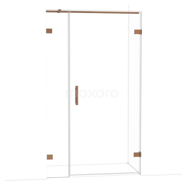 Glazen douchewand met schuifdeur, rosegouden accenten en minimalistisch design, ideaal voor een moderne badkamer.