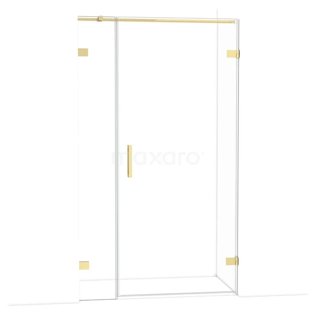 Glass shower door with golden accents, minimalist design, ideal for a modern bathroom.