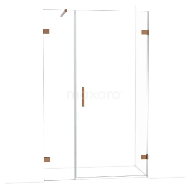 Glazen douchecabine met koperkleurige details, draaideur en strak design, ideaal voor een moderne badkamer.