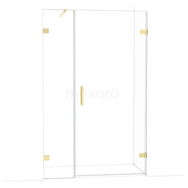 Glas Duschtür mit goldenen Scharnieren und Haltegriff, moderner Badezimmerstil, klares gehärtetes Glas.