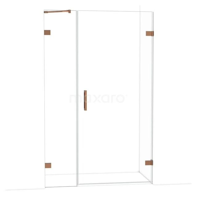 Glazen douchecabine met transparante wanden, koperkleurige scharnieren en handgreep, modern ontwerp voor luxe badkamer.