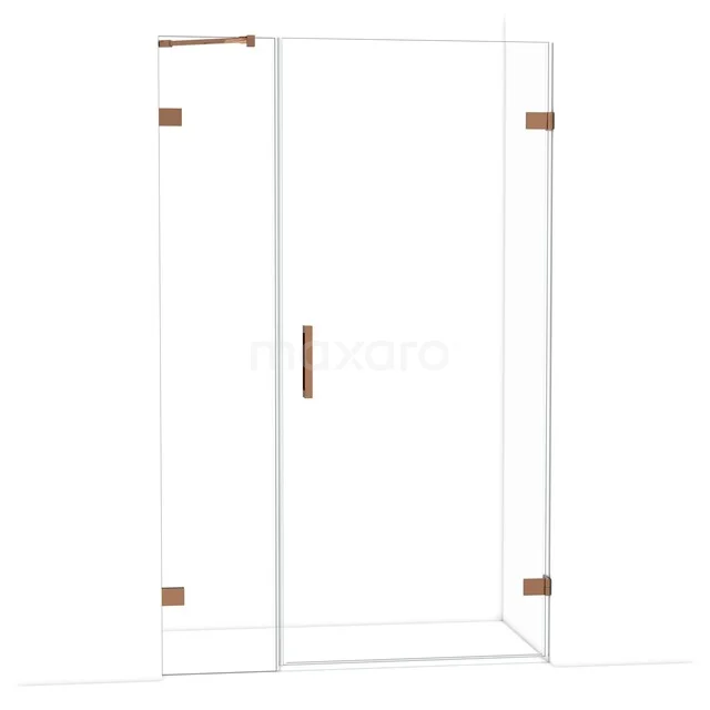 Glas Duschkabine mit transparenten Wänden, kupferfarbene Scharniere und Haltegriff, modernes Design für luxuriöses Badezimmer.