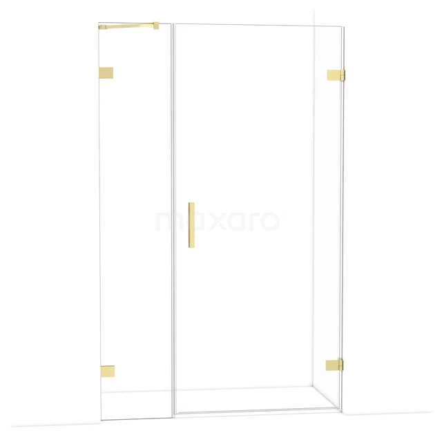 Glas Duschkabine mit goldfarbenen Details, Eckeingang, klare Linien und ideal für eine moderne Badezimmergestaltung.