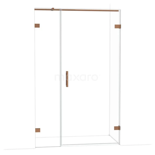 Glazen douchedeur met koperkleurige accenten, schuifmechanisme en minimalistisch design voor een moderne badkamer.