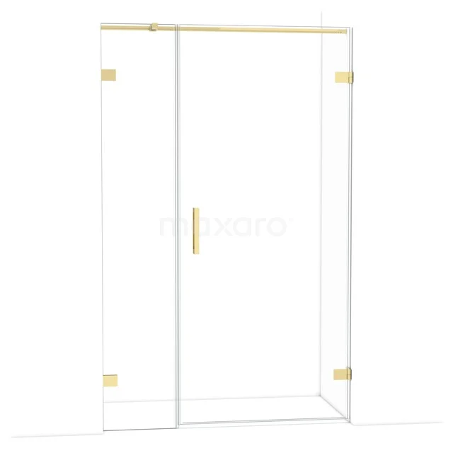 Glazen douchedeur met goudkleurige scharnieren en handgreep, modern design voor een stijlvolle badkamerinrichting.