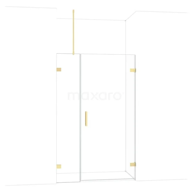 Glazen douchedeur met goudkleurige scharnieren en handgreep, modern ontwerp, ideaal voor een stijlvolle badkamer.