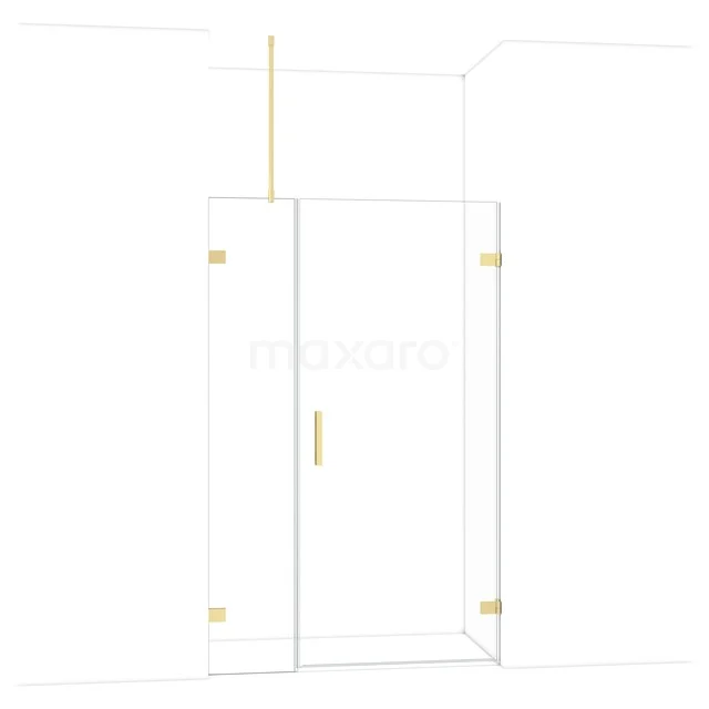 Glazen douchedeur met goudkleurige scharnieren, strak design en modern frame. Perfect voor een stijlvolle badkamerupdate.