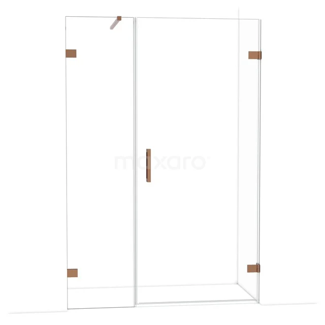 Duschkabine mit gläsernen Paneelen, kupferfarbenen Scharnieren und sleekem Design, ideal für ein modernes Badezimmer.