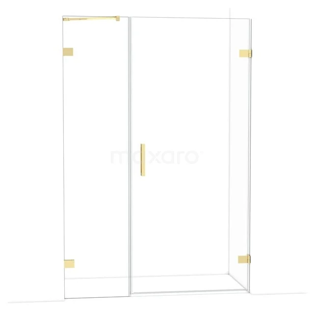 Glazen douchedeur met gouden scharnieren en handgreep, modern design, perfect voor een stijlvolle badkamer inrichting.