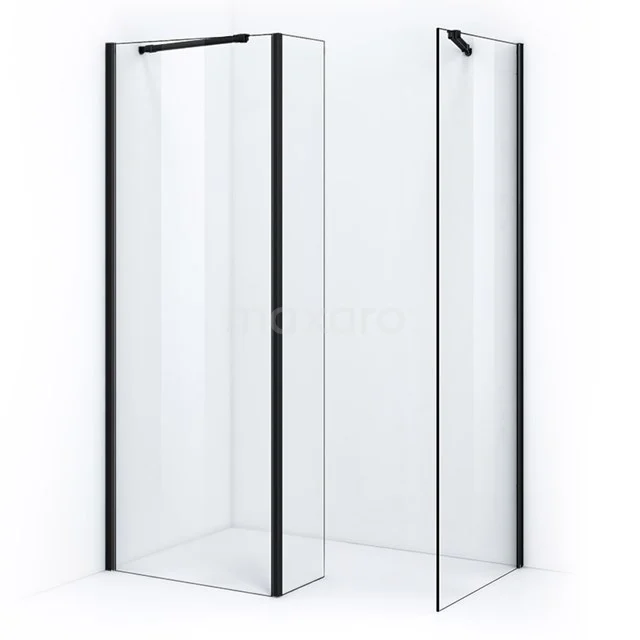 Glass shower screen with black profiles, minimalist design for modern bathrooms, suitable for partition wall in series.