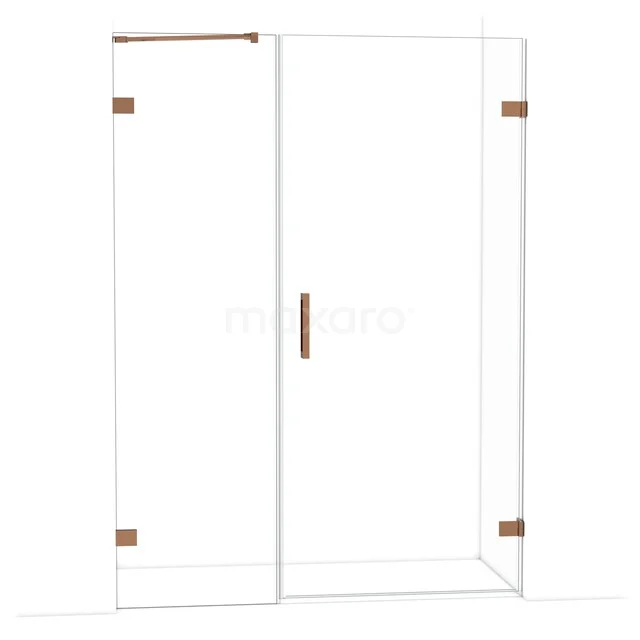 Glazen douchecabine met roségouden metalen details, hoekmodel en strak design, perfect als stijlvolle badkameroplossing.