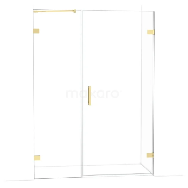 Glazen douchecabine met gouden details, strak design, ideaal voor een moderne badkamer inrichting.