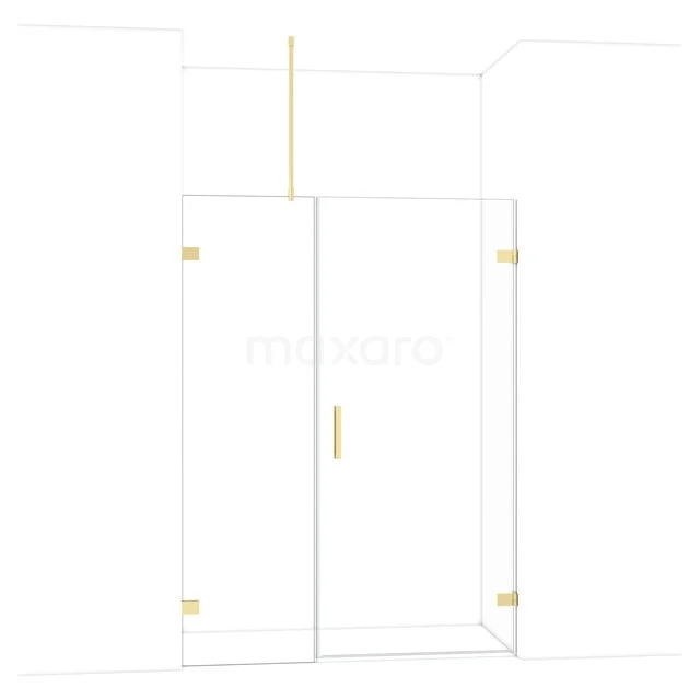 Douchedeur van helder glas met gouden accenten, ideaal voor een moderne badkamer.