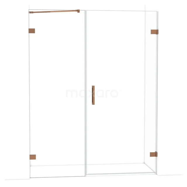 Glazen douchewand met schuifdeur, helder glas en koperkleurige accenten, ideaal als stijlvolle badkameroplossing.