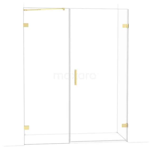 Glas Duschwand mit goldfarbenen Scharnieren und Haltegriff, elegantes Design, perfekt für ein modernes Badezimmer.