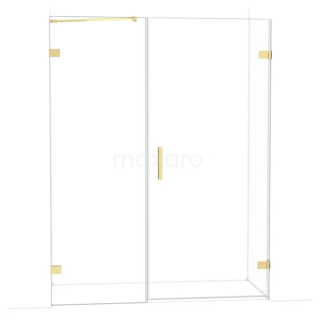 Glazen douchecabine met goudkleurige scharnieren en handgreep, strak design en perfect voor een moderne badkamer.