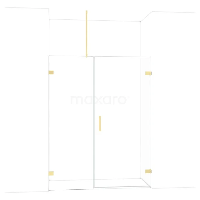 Douchecabine met gouden accenten, helder glas en minimalistisch ontwerp, perfect voor een moderne badkamer.