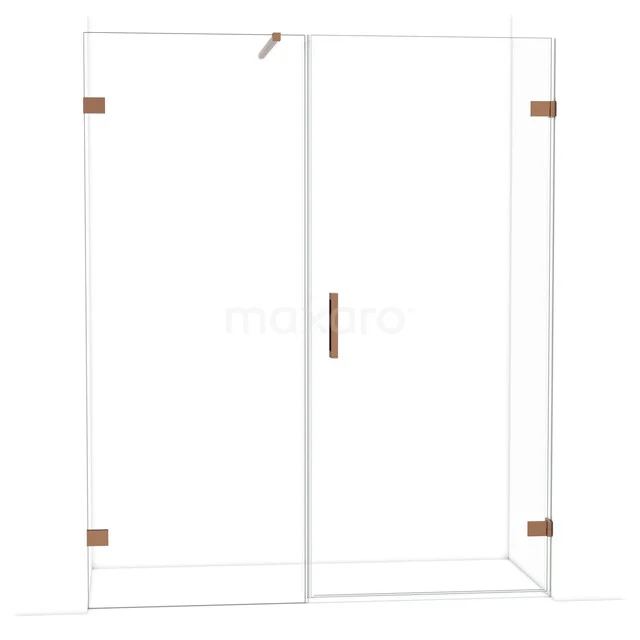 Glazen douchecabine met koperkleurige scharnieren en handgreep, luxe badkamerdesign, strak en modern vormgegeven.