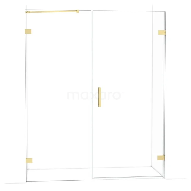 Duschwand mit goldenen Details, gläserne Schiebetür, minimalistisches Design. Perfekt für einen modernen Badezimmerstil.