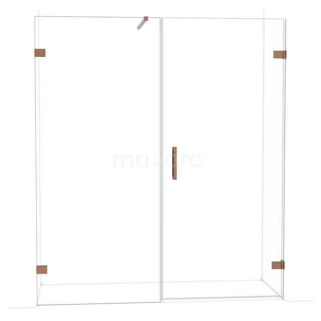 Glasene Duschwand mit Eckeinstieg, klare Paneele und kupferfarbene Details, perfekt für einen modernen Badezimmerstil.