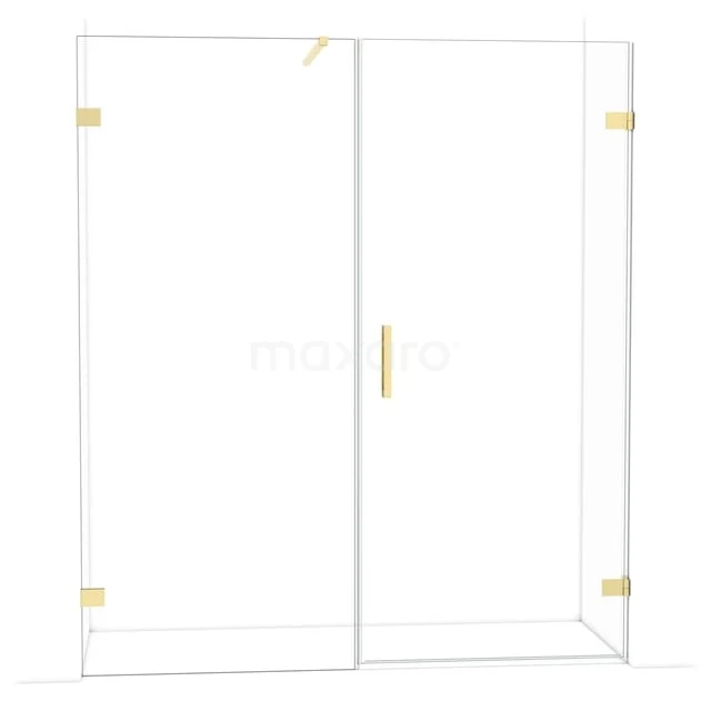 Glas Duschwand mit goldfarbenen Scharnieren und Haltegriff, elegantes Design, perfekt als luxuriöses Badezimmeraccessoire.