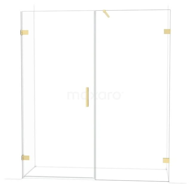 Douchewand met gouden accenten, glazen schuifdeur en strak design, perfect voor een moderne badkamerstijl.