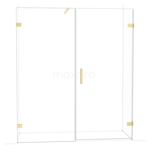 Douchewand met gouden accenten, glazen schuifdeur en strak design, perfect voor een moderne badkamerstijl.