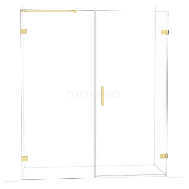 Douchedeur met gouden details, helder glas en moderne afwerking, ideaal voor een luxe badkamerinrichting.