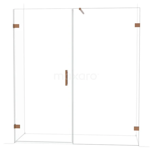 Douchewand met deur, helder glas, roségouden accenten, modern design, ideaal voor een stijlvolle badkamerinrichting.