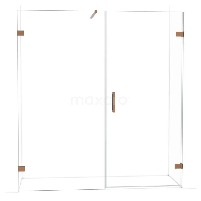 Douchewand met deur, helder glas, roségouden accenten, modern design, ideaal voor een stijlvolle badkamerinrichting.