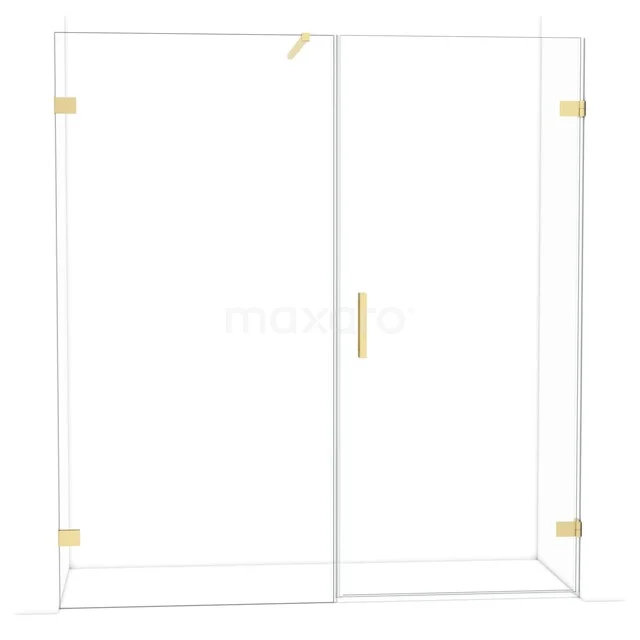 Glazen douchewand met goudkleurige accenten, strak design en schuifdeur, perfect voor een moderne badkamerstijl.