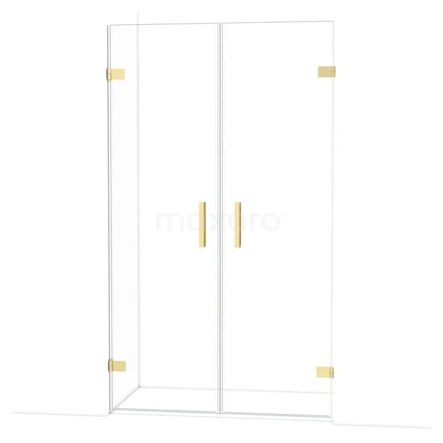 Douchedeur met goudkleurige scharnieren en handgrepen, van helder glas, perfecte toevoeging aan een luxe badkamer.