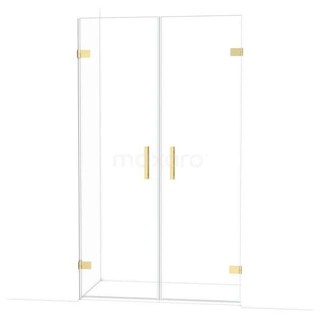 Douchedeur met goudkleurige scharnieren en handgrepen, van helder glas, perfecte toevoeging aan een luxe badkamer.