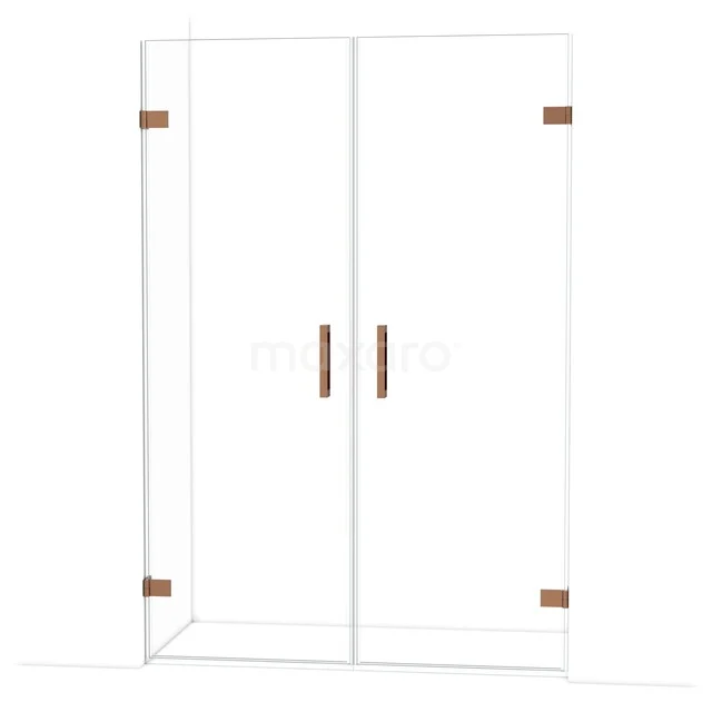 Douchedeur met dubbelzijdige deur, helder glas, metalen scharnieren en houten handgrepen, ideaal voor moderne badkamers.