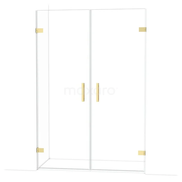 Diamond Shower door | 135 cm Glanzend lichtgoud Clear glass Pivot door DDE2070720GLG Douchedeur van helder glas met goudkleurige scharnieren en grepen, luxe ontwerp voor een moderne badkamer.