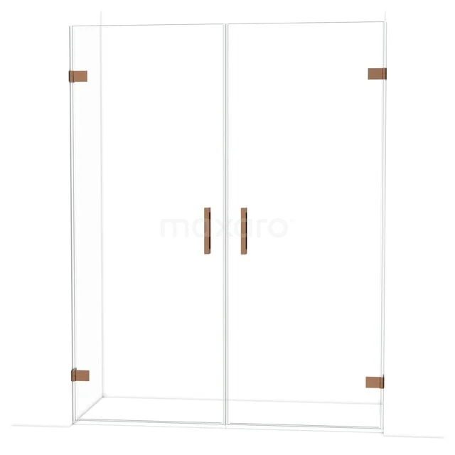 Glazen douchedeur met dubbele deur, helder glas, koperkleurige details en minimalistisch ontwerp voor moderne badkamers.