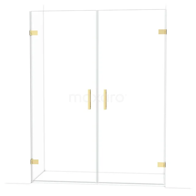 Luxury shower wall with double doors, transparent glass and gold-coloured details, ideal for a modern bathroom layout.