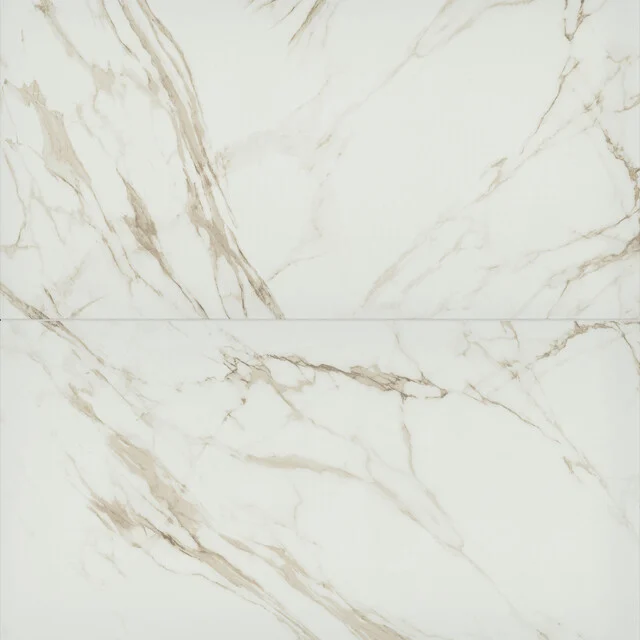 White ceramic bathroom tile with a marble look, gold-beige veins, glossy finish, and luxurious appearance.