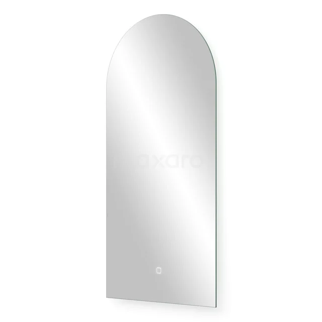 Halfronde wandspiegel met zilverglanzend glas, ideaal voor moderne badkamerinrichting. Elegante strakke afwerking.