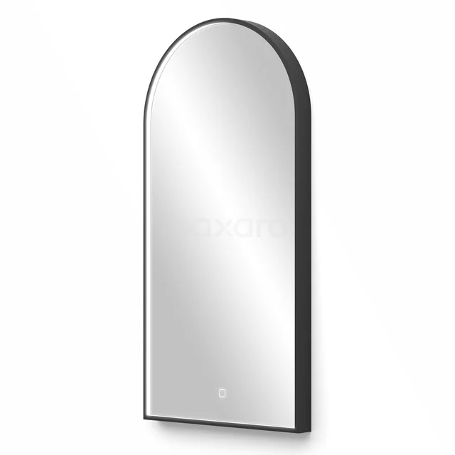 Ovale badkamerspiegel met zwarte metalen rand, minimalistisch ontwerp en moderne uitstraling voor een stijlvolle badkamer.