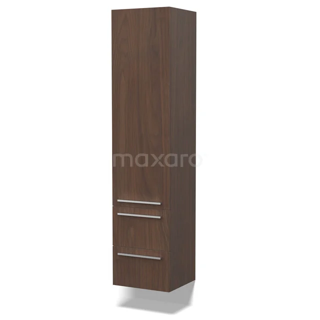 Hoher Badschrank Holzoptik braun mit zwei Schubladen und einer Tür, elegantes Design, ideal für moderne Badezimmerlagerung.