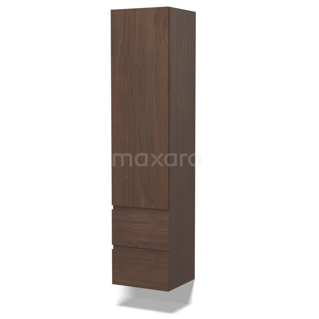 Lungo Bathroom cabinet | 170 cm Walnut Handle-less fronts 3 compartments + 2 drawers BKK10-00078 Hoge badkamerkast houtlook donkerbruin met strakke lijnen, twee lades en deur; stijlvol en praktisch.