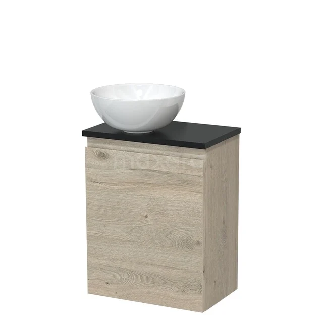 Toilet furniture with countertop wash basins TMK10-16225 Houten wastafelmeubel met zwarte bovenplaat en witte ronde waskom, ideaal voor een stijlvolle en moderne badkamer.