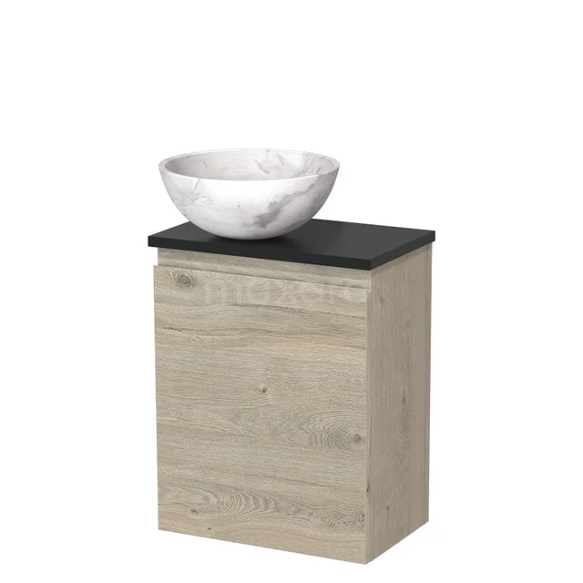 Toilet furniture with countertop wash basins TMK10-16232 Houten badkamerkast met zwart blad en ronde marmeren waskom, compact design, perfect voor een moderne badkamerstijl.